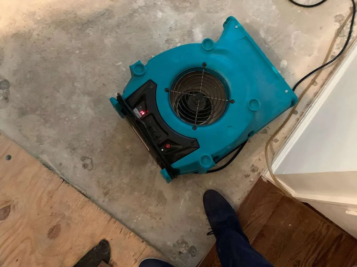 Air mover drying subfloor during Commercial Water Damage Restoration in Olean